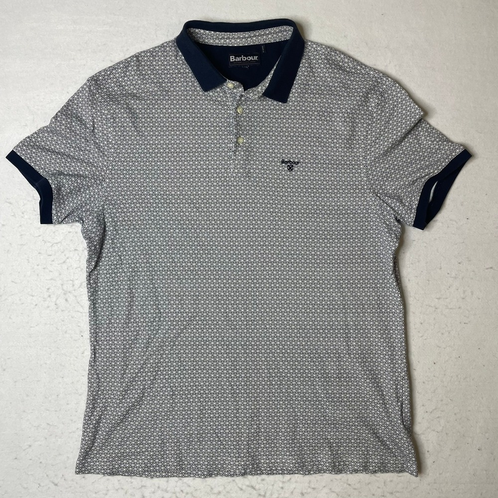 Barbour Men's XXL Polo Shirt‎ Short Sleeve Geometric Print Navy Blue Cotton